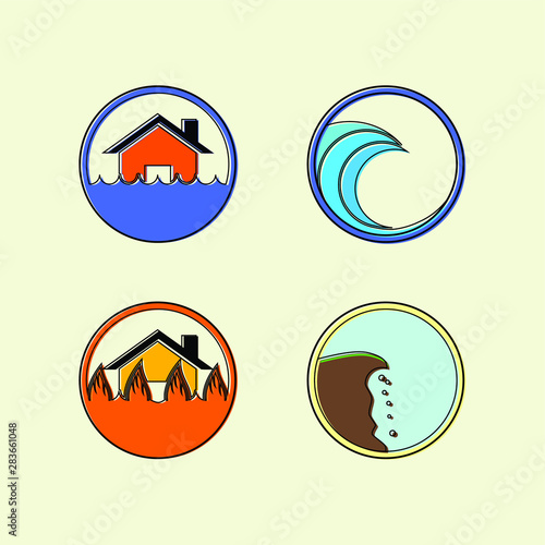 Colorful Disaster (Flood, Fire, Avalanche, tsunami) Cartoon Icon Logo