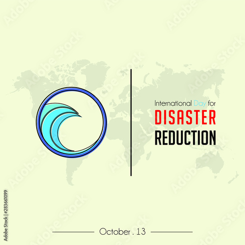 International Day of Disaster Reduction with Tsunami Cartoon Icon and world map Background