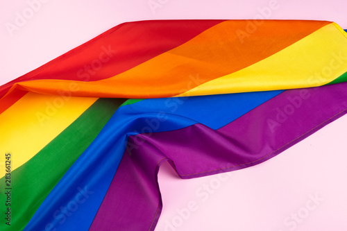 Fabric texture of gay rainbow flag close up