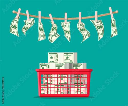 Wet dollar bills hanging on rope attached with clothes pins. Money laundering concept. Dirty money. Hidden wages, salaries black payments, tax evasion, bribe. Anti corruption. Flat vector illustration