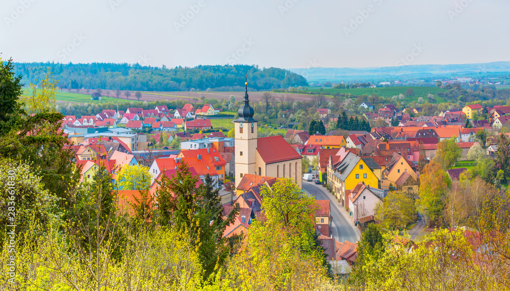 Town Schillingsfürst, district Ansbach - Scenic panorama view of a picturesque mountain village in Bavaria, Germany
