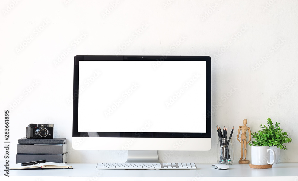 Workspace desk and laptop. copy space and blank screen. Business image, Blank screen laptop and supplies. Workspace desk and laptop. copy space and blank screen. Business image, Blank screen laptop and supplies.