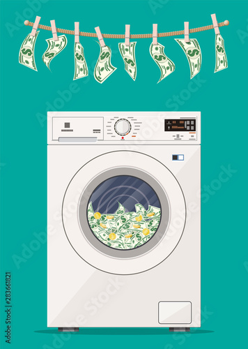 Washing machine full of dollars banknotes. Laundering of money in washer. Dirty money. Hidden wages, salaries black payments, tax evasion, bribe. Anti corruption. Vector illustration in flat style