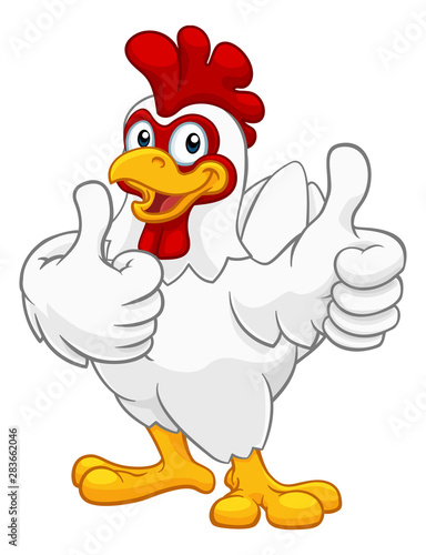 A chicken cartoon rooster cockerel character mascot giving a thumbs up.