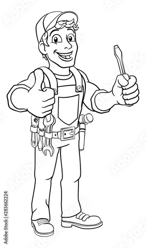 Electrician handyman man handy holding electricians screwdriver tool cartoon construction mascot. Giving a thumbs up.