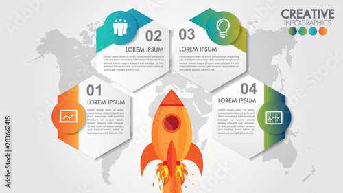 Startup vector circle infographics with 4 options rocket launch and styled world map.Spaceship taking off on mission, 4 elements connected with icons and text boxes.Vector illustration for website.