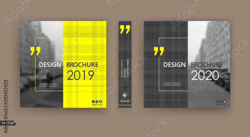 Abstract patch brochure cover design. Black info data banner frame. Techno title sheet model set. Modern vector front page art. Urban city blurb texture.Yellow citation figure icon. Ad flyer text font