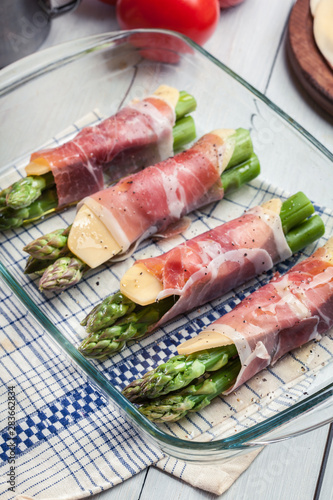 Prosciutto and cheese wrapped asparagus