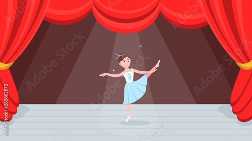 Open red curtains theater or ballet dance scene with price, curtains, scenery and young beautiful ballerina dressed in tutu and pointe shoes standing at the pose flat style design vector illustration.