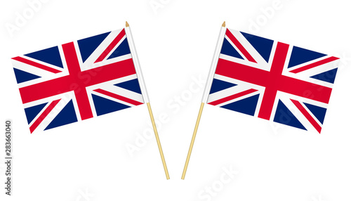 Two small United Kingdom flags isolated on white background, vector illustration. Flag of Great Britain on pole