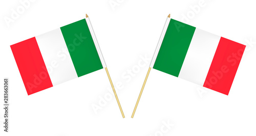 Two small Italian flags isolated on white background, vector illustration. Flag of Italy on pole