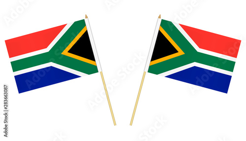 Two small South African flags isolated on white background, vector illustration. Flag of South Africa on pole