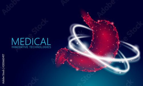 Human healthy stomach recovery system medicine concept. 3D low poly digestion reconstruction technology pharmacy drugstore banner. Health care vector illustration