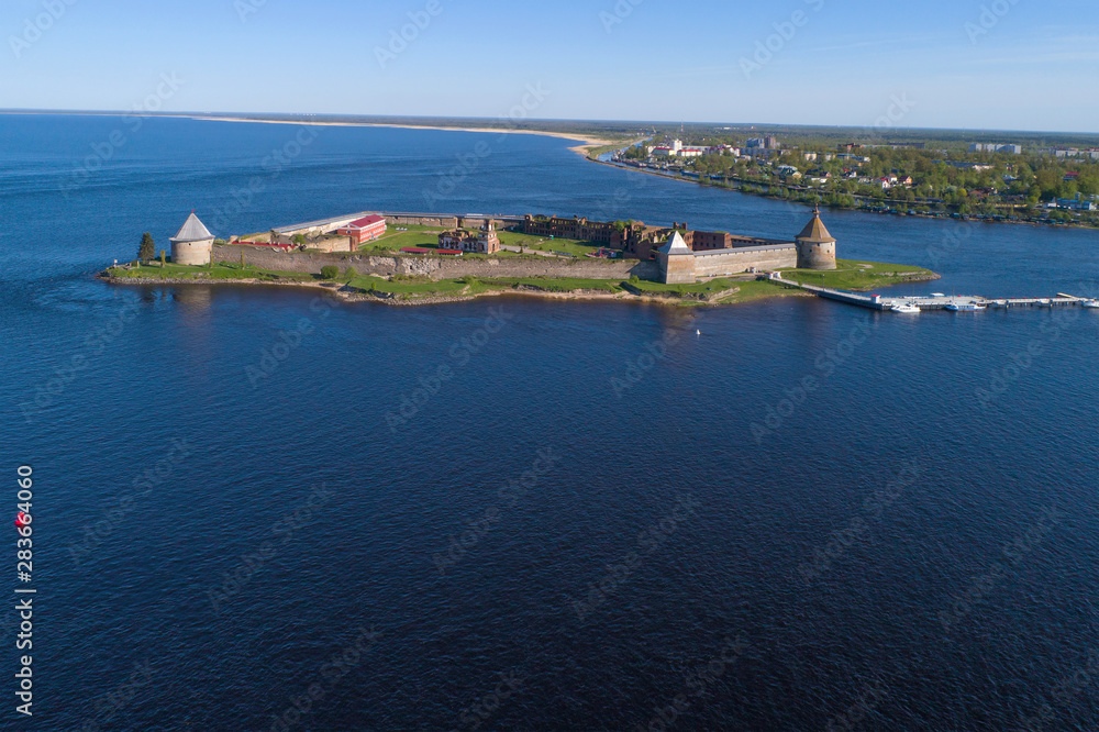 The old Oreshek Fortress on a sunny May day (aerial photography). Shliselburg, Russia