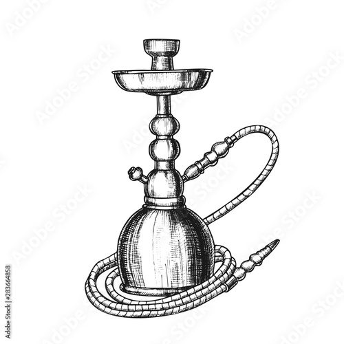 Hookah Lounge Cafe Relax Equipment Retro Vector. Standing Single Stemmed Hookah For Vaporizing And Smoking Flavored Cannabis, Tobacco Or Opium. Monochrome Designed In Retro Style Illustration