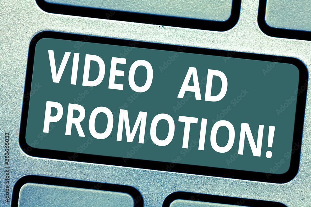 Fototapeta premium Text sign showing Video Ad Promotion. Conceptual photo help drive more views and subscribers to your channel Keyboard key Intention to create computer message pressing keypad idea
