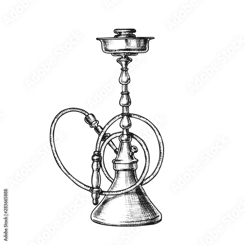 Smoking Hookah Lounge Cafe Tool Vintage Vector. Silicone Rubber Compounds Used For Hookah Hoses Instead Of Leather And Wire. Relaxation Accessory Monochrome Designed In Retro Style Illustration
