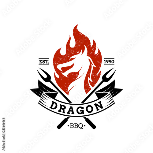 BBQ dragon mascot logo.vintage retro style.barbecue restaurant icon.grilled food