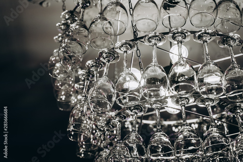 Beautiful chandelier made with glasses of wine
