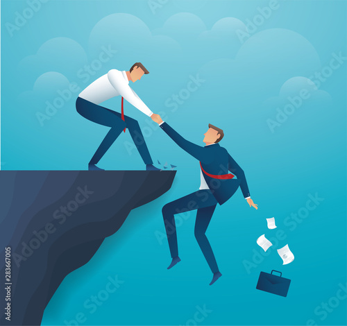 man holding partner hands hanging cliff help concept together. vector illustration EPS10