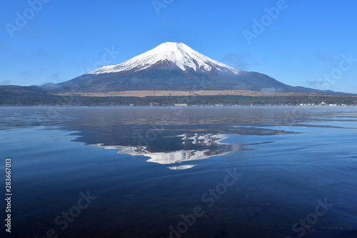 Mt. Fuji and blue sky and lake