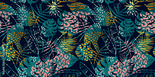 Trendy seamless exotic pattern with palm, animal prints and hand drawn textures.
