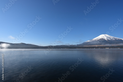 Mt. Fuji and blue sky and lake