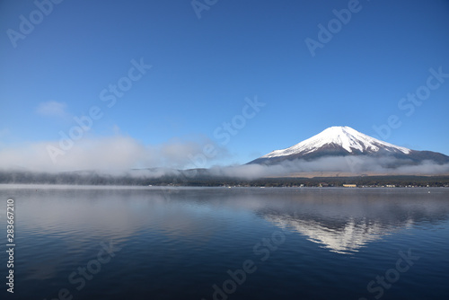 Mt. Fuji and blue sky and lake