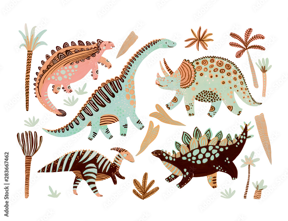 Cute cartoon dinosaurs poster in scandinavian style - obrazy, fototapety, plakaty 