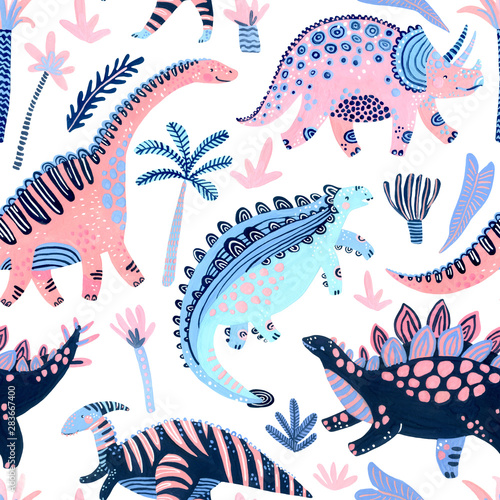 Cute cartoon dinosaurs seamless pattern in scandinavian style