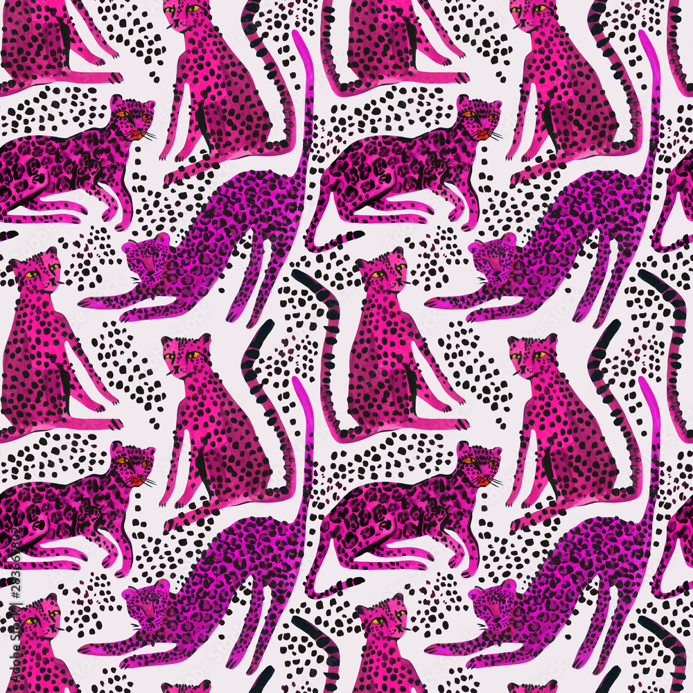 Obraz premium Creative watercolor seamless pattern with leopards, jaguar and cheetah