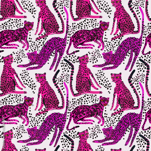Creative watercolor seamless pattern with leopards, jaguar and cheetah