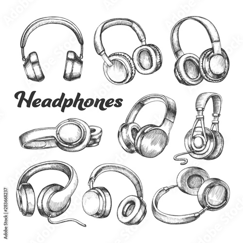 Collection Different Sides Headphones Set Vector. Modern Portable Electronic Device Headphones For Listening Radio Music. Stereo Dynamics Earphone Accessory Hand Drawn In Retro Style Illustrations