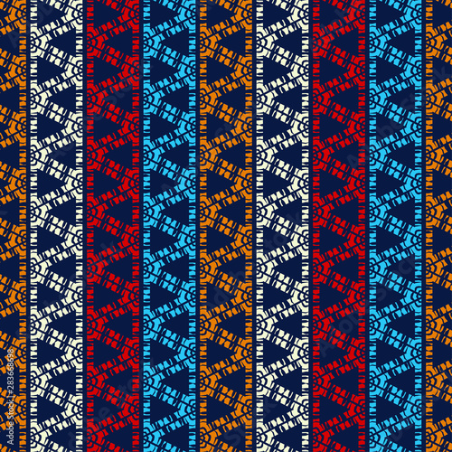 Ethnic boho seamless pattern. Lace. Embroidery on fabric. Patchwork texture. Weaving. Traditional ornament. Tribal pattern. Folk motif. Can be used for wallpaper, textile, wrapping, web. 