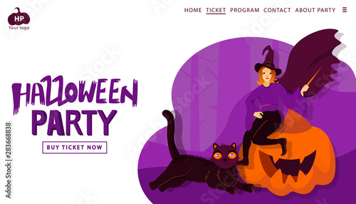 Halloween holiday greeting invitation to a party. Witch, pumpkin and cat on a scare wood abstract Background.  Landing page template. Vector illustration in modern flat style. Trick or Treat Concept.