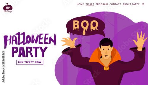 Halloween holiday greeting invitation to a party. Vampire on a scare wood abstract Background.  Landing page template. Vector illustration in modern flat style. Trick or Treat Concept.