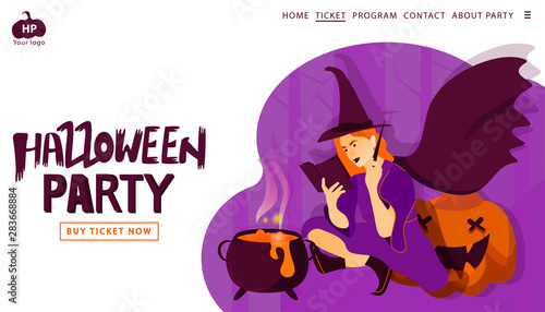 Halloween holiday greeting invitation to a party.  Witch and  pumpkin on a scare wood abstract Background. Landing page template. Vector illustration in modern flat style. Trick or Treat Concept.