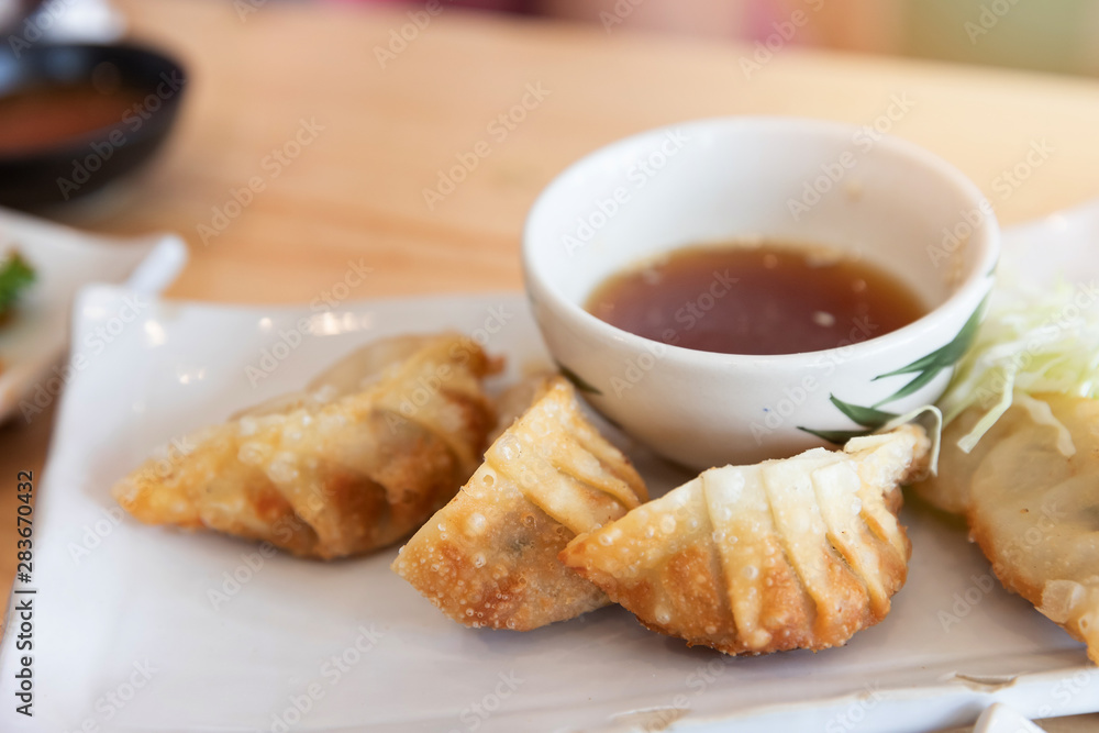 Close-up of fried japanese gyoza dumplings with soy sauce Close-up of fried japanese gyoza dumplings with soy sauce