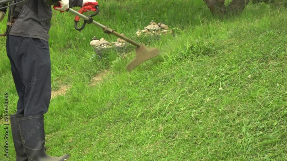 Man cutting grass with grass cutting machine at Naksansa temple Man cutting grass with grass cutting machine at Naksansa temple