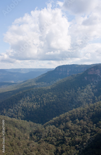 A valley with clouds near the Wentworth Falls in the Blue Mountains in Australia