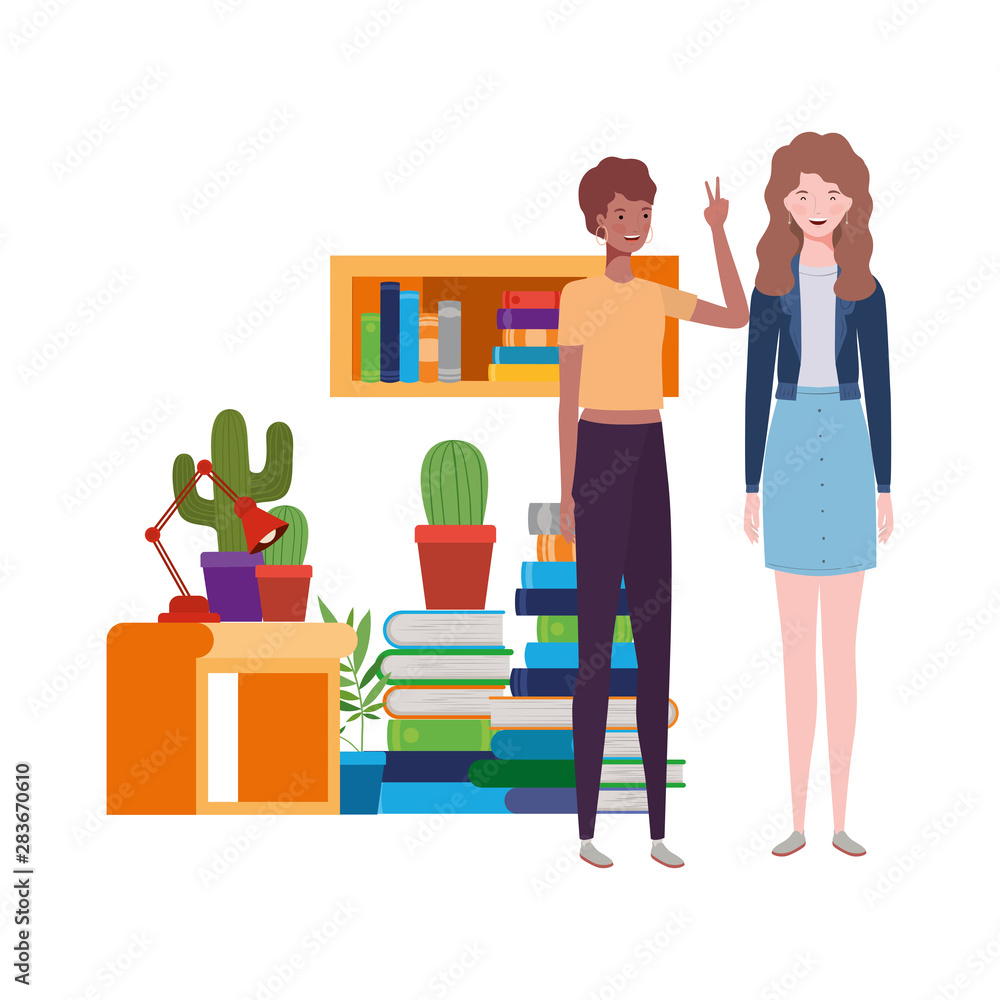 women standing with bookshelf of wooden and books women standing with bookshelf of wooden and books