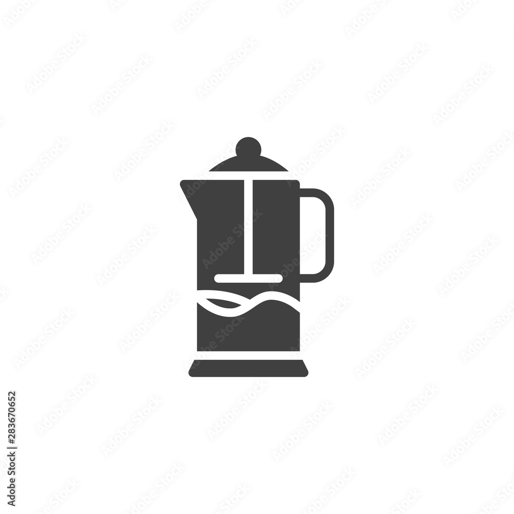 French press vector icon. Coffee pot filled flat sign for mobile concept and web design. Teapot glyph icon. Symbol, logo illustration. Vector graphics French press vector icon. Coffee pot filled flat sign for mobile concept and web design. Teapot glyph icon. Symbol, logo illustration. Vector graphics