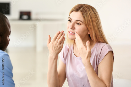 Woman meeting with plastic ...