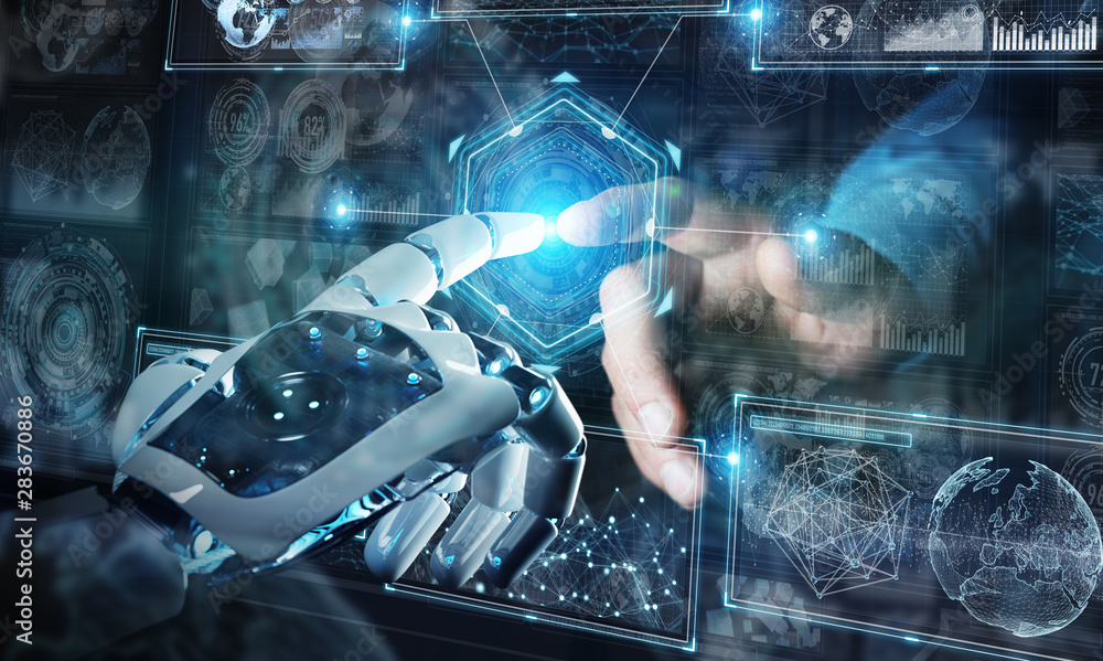 Robot hand and human hand touching digital graph interface 3D rendering Robot hand and human hand touching digital graph interface 3D rendering