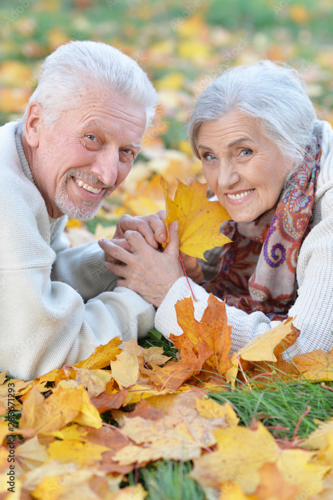 Portrait of happy senior couple lying in park Portrait of happy senior couple lying in park
