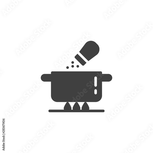 Salt soup pan vector icon. Saucepan on the fire and salt shaker filled flat sign for mobile concept and web design. Cooking instructions glyph icon. Symbol, logo illustration. Vector graphics