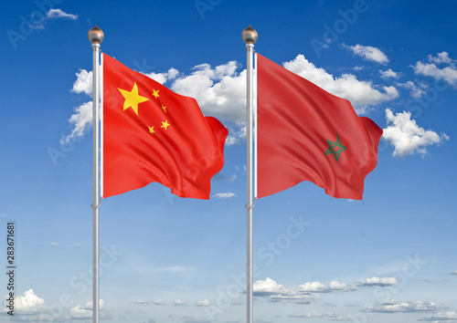 China vs Morocco. Thick colored silky flags of European Union and Uruguay. 3D illustration on sky background. – Illustration