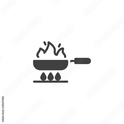 Frying on fire vector icon. Frying pan on gas stove filled flat sign for mobile concept and web design. Cooking process glyph icon. Symbol, logo illustration. Vector graphics