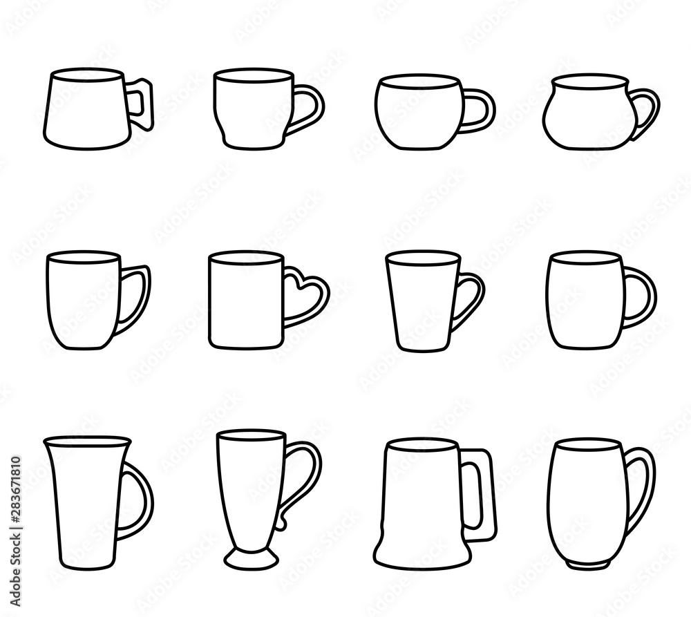 coffee and tea cup icon set with white background. Thin Line Style stock vector. coffee and tea cup icon set with white background. Thin Line Style stock vector.