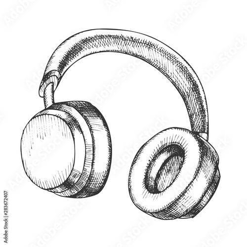 Listening Audio Device Wireless Headphones Vector. Portable Electronic Gadget Headphones For Tape Player. Stereo Dynamics Earphone Melomaniac Listener Equipment Designed In Vintage Style Illustration